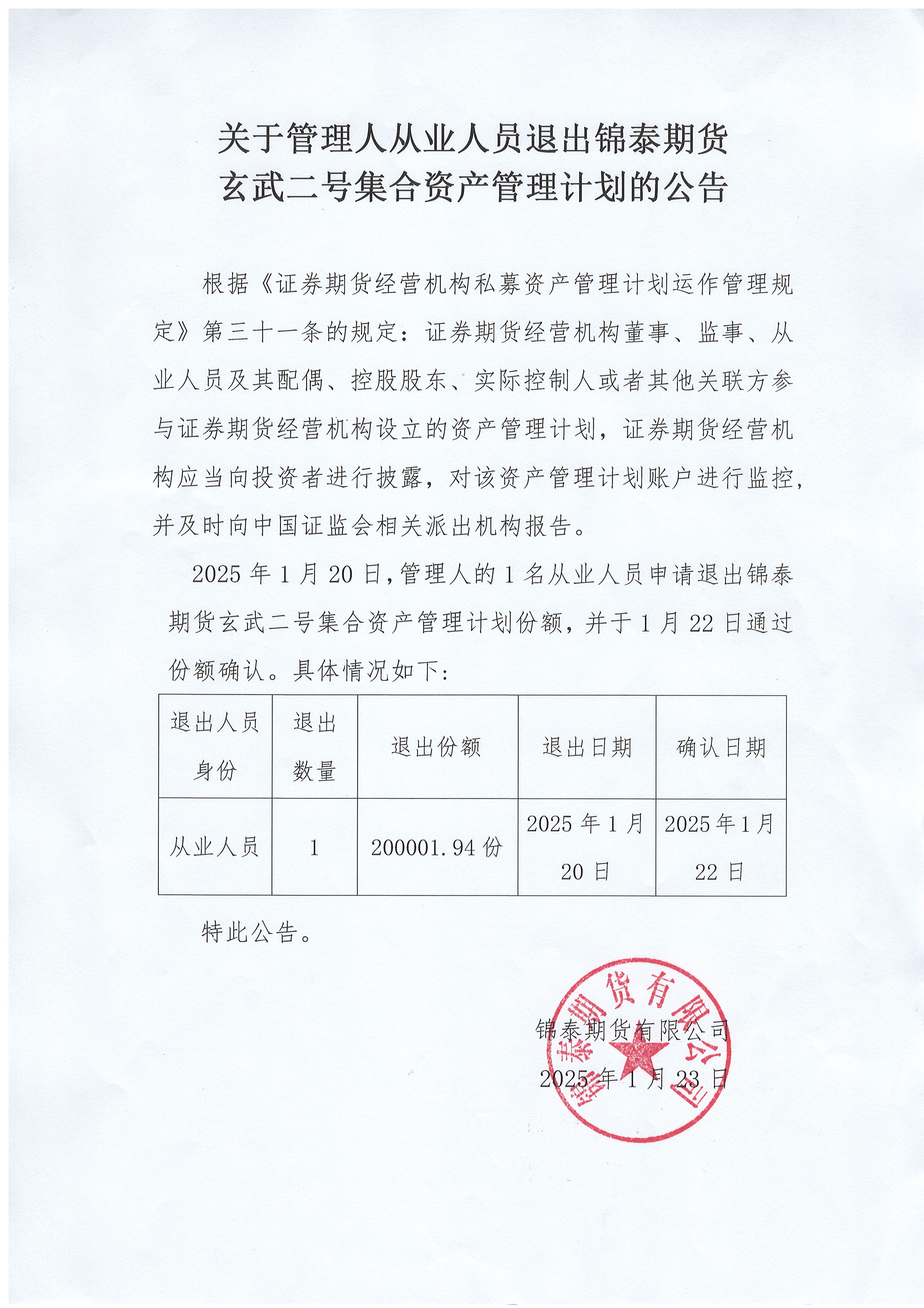 20250122：关于管理人从业人员退出锦泰期货玄武二号集合资产管理计划的公告.jpg